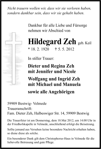 Traueranzeige von Hildegard Zeh von Tageszeitung
