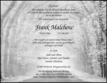 Traueranzeige von Frank Malchow von Tageszeitung