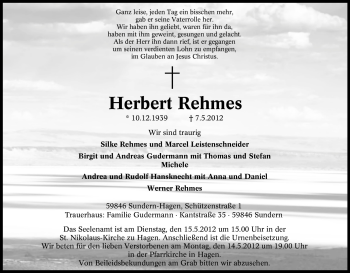 Traueranzeige von Herbert Rehmes von Tageszeitung