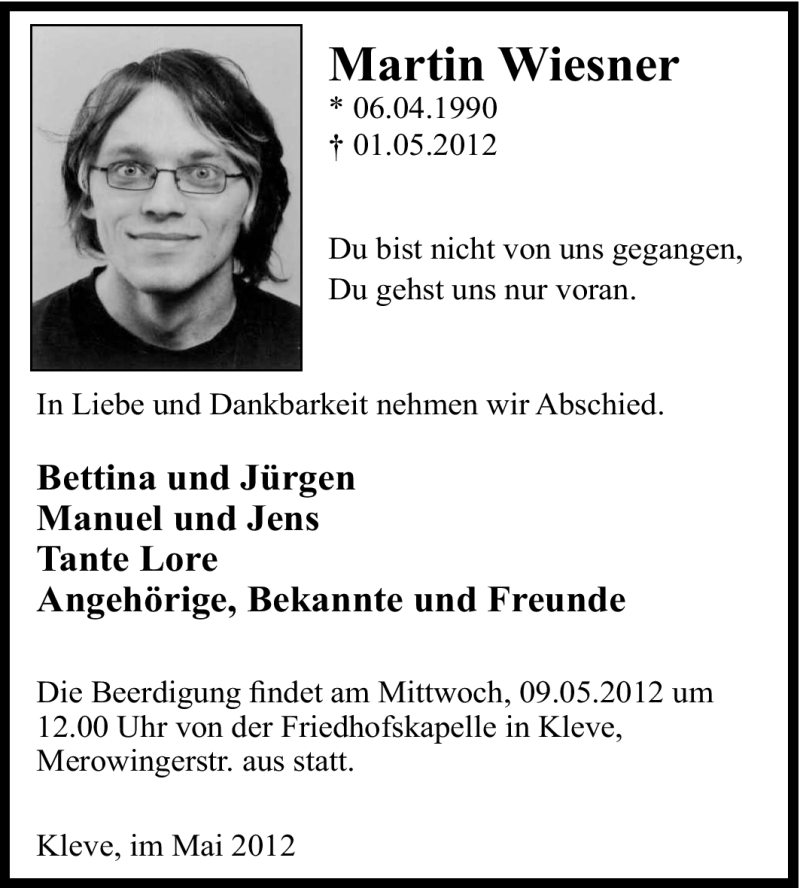  Traueranzeige für Martin Wiesner vom 07.05.2012 aus Tageszeitung