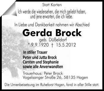 Traueranzeige von Gerda Brock von Tageszeitung