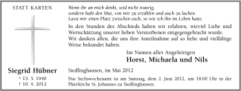 Traueranzeige von Siegrid Hübner von Tageszeitung