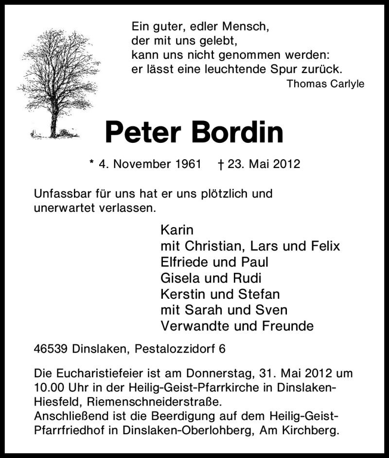  Traueranzeige für Peter Bordin vom 26.05.2012 aus Tageszeitung