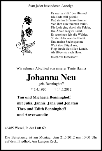 Traueranzeige von Johanna Neu von Tageszeitung
