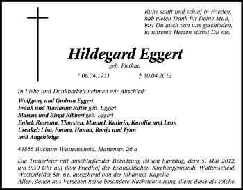 Traueranzeige von Hildegard Eggert von Tageszeitung