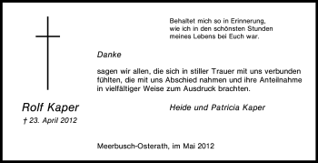 Traueranzeige von Rolf Kaper von Tageszeitung