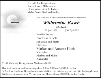 Traueranzeige von Wilhelmine Rasch von Tageszeitung