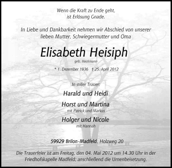 Traueranzeige von Elisabeth Heisiph von Tageszeitung