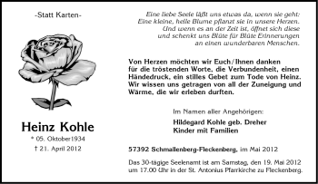 Traueranzeige von Heinz Kohle von Tageszeitung