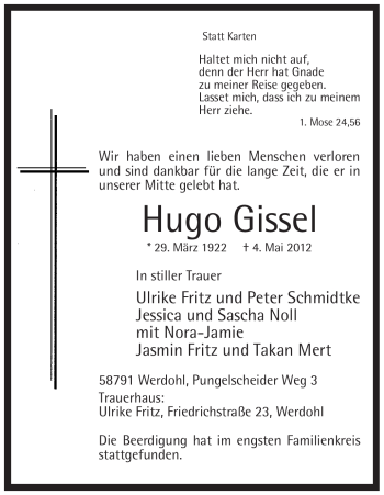 Traueranzeige von Hugo Gissel von Tageszeitung