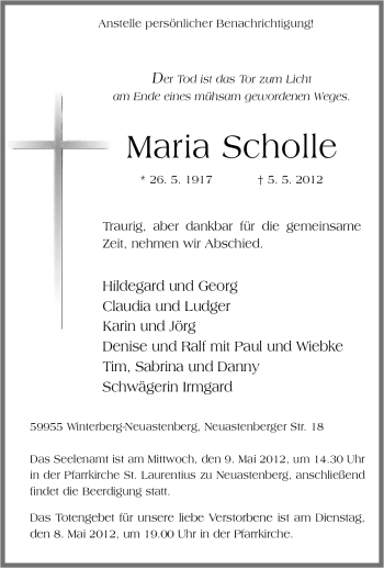 Traueranzeige von Maria Scholle von Tageszeitung