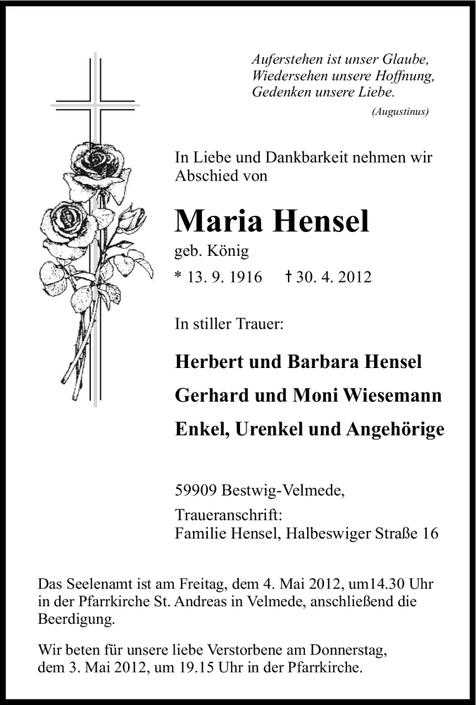  Traueranzeige für Maria Hensel vom 02.05.2012 aus Tageszeitung