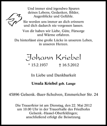 Traueranzeige von Johann Kriebel von Tageszeitung