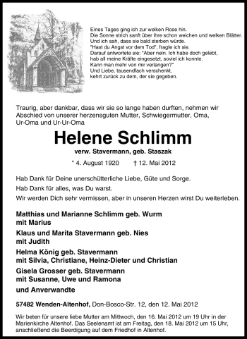 Traueranzeige von Helene Schlimm von Tageszeitung