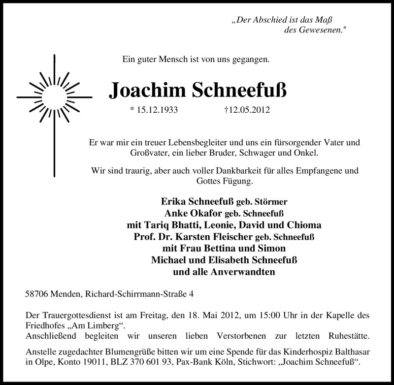  Traueranzeige für Joachim Schneefuß vom 15.05.2012 aus Tageszeitung