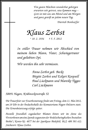 Traueranzeige von Klaus Zerbst von Tageszeitung