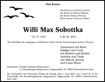 Traueranzeige von Willi Max Sobottka von Tageszeitung