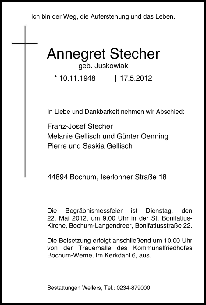  Traueranzeige für Annegret Stecher vom 19.05.2012 aus Tageszeitung