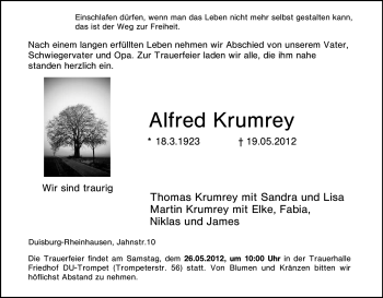 Traueranzeige von Alfred Krumrey von Tageszeitung