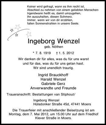Traueranzeige von Ingeborg Wenzel von Tageszeitung