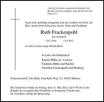 Traueranzeige von Ruth Frackenpohl von Tageszeitung