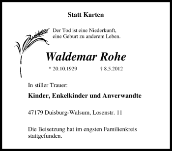 Traueranzeige von Waldemar Rohe von Tageszeitung