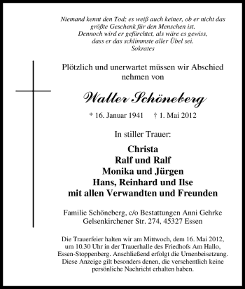 Traueranzeige von Walter Schöneberg von Tageszeitung