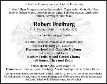 Traueranzeige von Robert Freiburg von Tageszeitung