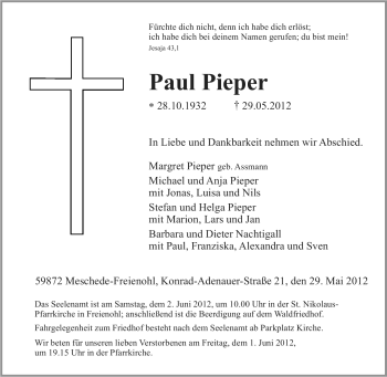 Traueranzeige von Paul Pieper von Tageszeitung