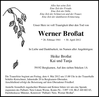 Traueranzeige von Werner Broßat von Tageszeitung