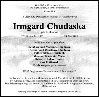 Traueranzeige von Irmgard Chudaska von Tageszeitung