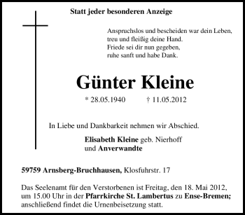 Traueranzeige von Günter Kleine von Tageszeitung