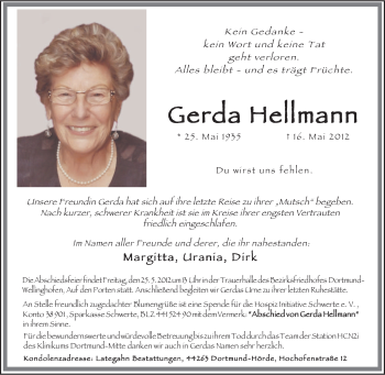 Traueranzeige von Gerda Hellmann von Tageszeitung