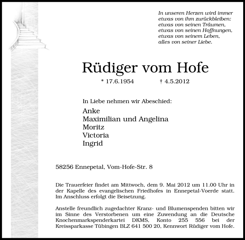 Traueranzeige für Rüdiger vom Hofe vom 05.05.2012 aus Tageszeitung