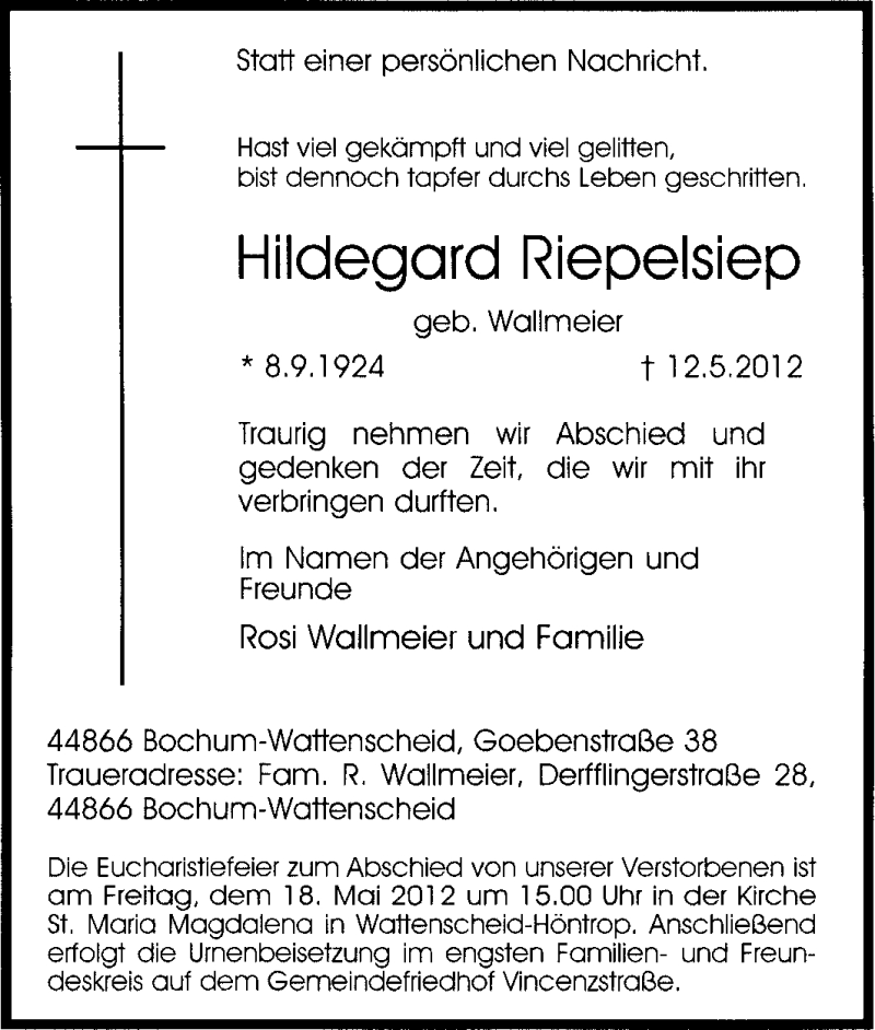  Traueranzeige für Hildegard Riepelsiep vom 15.05.2012 aus Tageszeitung