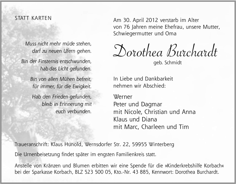  Traueranzeige für Dorothea Burchardt vom 02.05.2012 aus Tageszeitung