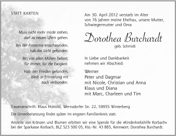 Traueranzeige von Dorothea Burchardt von Tageszeitung