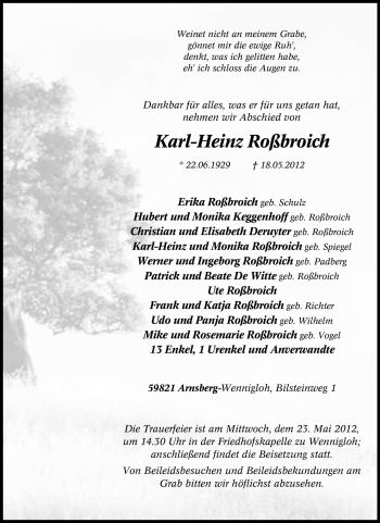 Traueranzeige von Karl-Heinz Roßbroich von Tageszeitung