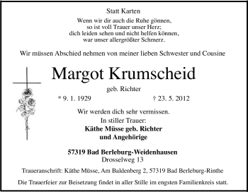 Traueranzeige von Margot Krumscheid von Tageszeitung