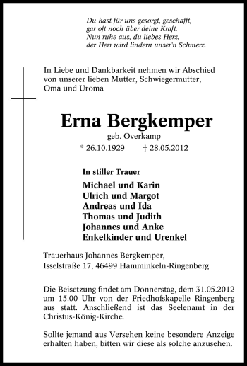 Traueranzeige von Erna Bergkemper von Tageszeitung