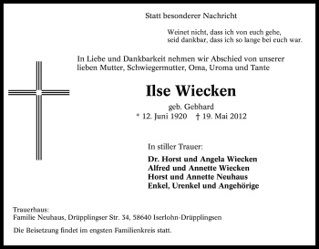 Traueranzeige von Ilse Wiecken von Tageszeitung