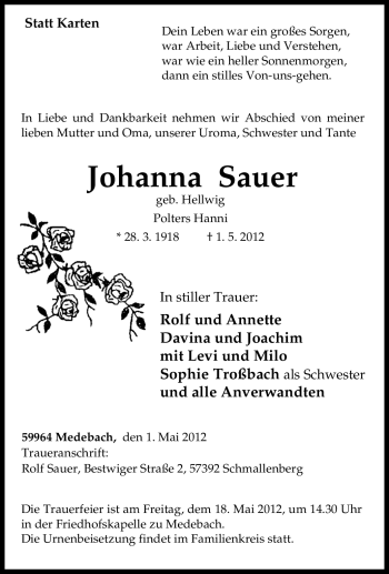 Traueranzeige von Johanna Sauer von Tageszeitung