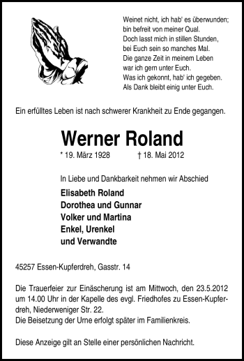 Traueranzeige von Werner Roland von Tageszeitung