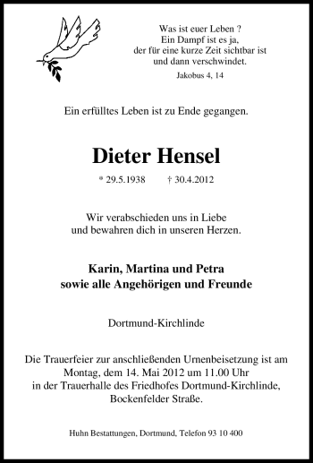 Traueranzeige von Dieter Hensel von Tageszeitung
