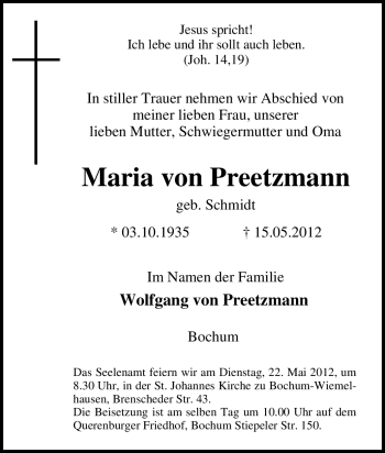 Traueranzeige von Maria von Preetzmann von Tageszeitung