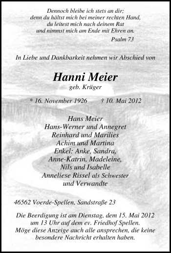 Traueranzeige von Hanni Meier von Tageszeitung