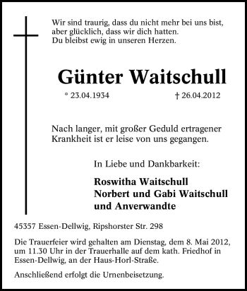 Traueranzeige von Günter Waitschull von Tageszeitung
