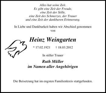 Traueranzeige von Heinz Weingarten von Tageszeitung