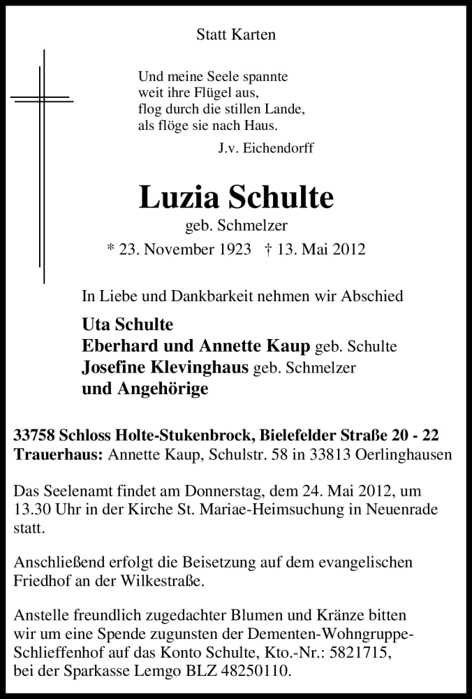  Traueranzeige für Luzia Schulte vom 21.05.2012 aus Tageszeitung