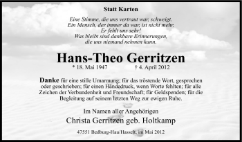Traueranzeige von Hans-Theo Gerritzen von Tageszeitung